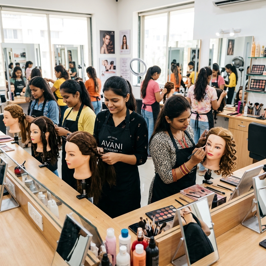 Beauty culture students practicing styling and cosmetics