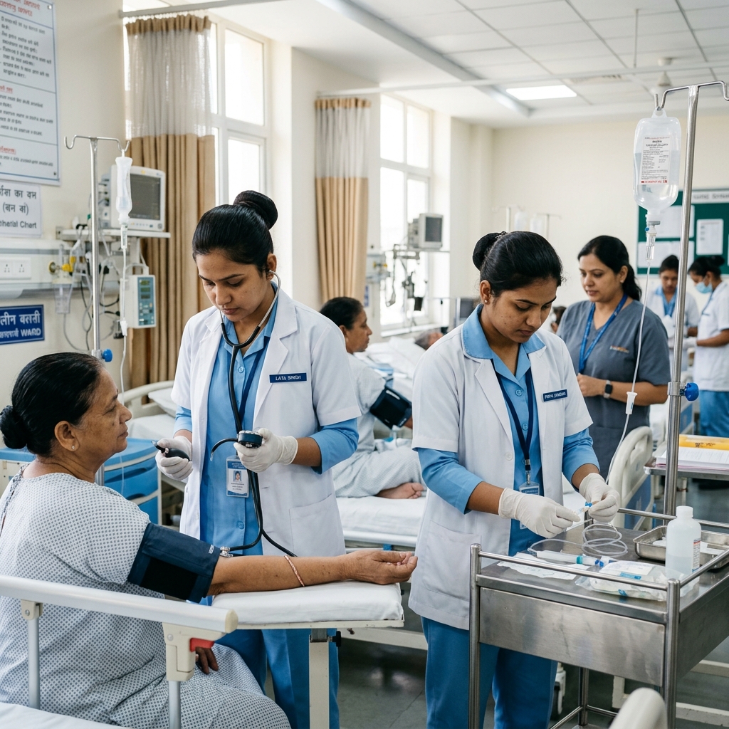 Nursing students practicing clinical skills in hospital lab